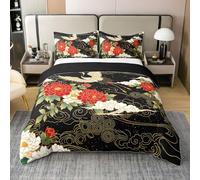 Homewish Housse de Couette 220x240 Enfant Coton Grue Japonaise Parure de Lit Floral Floraison Colorée Sets de Housses de Couettes pivoines Rouges Couvre Lit Nuage doré Vintage