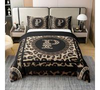 Homewish Housse de Couette 220x240 Enfant Coton Imprimé Guépard Parure de Lit Lettre Initiale P Sets de Housses de Couettes Nœud Léopard Personnalisé Couvre Lit Animal Safari Africain