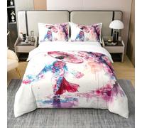 Homewish Housse de Couette 220x240 Enfant Coton Peinture À Encre, Parure de Lit Aquarelle, Sets de Housses de Couettes Cerise Style Japonais Bleu Rose Clair Couvre Lit