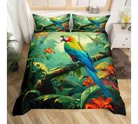 Homewish Housse de Couette 220x240 Perroquet 3D avec 2 Taies d'oreiller, Parure de Lit Jungle Tropicale, Sets de Housses de Couettes Oiseau Coloré, Couvre Lit Feuilles de Palmier Animaux Sauvages