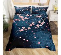 Homewish Housse de Couette 220x240 Sakura Japonais Parure de Lit Fleurs Roses Couvre Lit Enfants Garçons Filles,Branches de Fleurs Literie Set Bleu Foncé Chaud 2 Taies d'oreiller