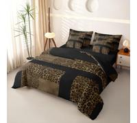 Homewish Housse de Couette 240 x 260 7 Pièces Brun Imprimé Léopard | Parure de Lit Abstrait Patchwork Drap Housse Impression Guépard Afriqueined Drap Plat, 2 Taies d'oreiller
