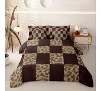 Homewish Housse de Couette 240 x 260 7 Pièces Imprimé Léopard | Parure de Lit Brun Grilles Patchwork Drap Housse Ferme Guépard Afriquein Drap Plat, 2 Taies d'oreiller, 2 Housses de Coussin