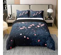 Homewish Housse de Couette 240 x 260 Coton Sakura Japonais Parure de Lit Fleurs Roses Couvre Lit Enfants Garçons Filles,Branches de Fleurs Literie Set Bleu Foncé Chaud 2 Taies d'oreiller