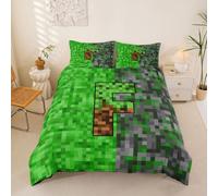 Homewish Housse de Couette 240 x 260 Enfant Lettre Initiauxe F | Parure de Lit 2 Personnes Pixel Grille Mineurs Sets de Housses de Couettes Brun Vert Pixélisé Mineur Style Couvre Lit