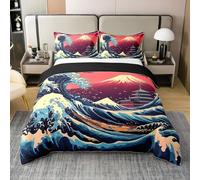 Homewish Housse de Couette 240 x 260 Japonais Ukiyoe Style Coton Parure de Lit Japon Fuji Mountain Couvre Lit Enfants Fille Garçon Coucher de Soleil Nuage Arbre Literie Set River Mountain