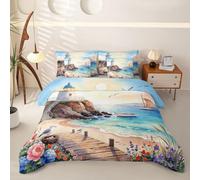 Homewish Housse de Couette 7 Pièces 200x200 Rétro Phare | Parure de Lit Voilier Blanc Mergul Drap Housse Plage Océan Côtière Drap Plat, 2 Taies d'oreiller, 2 Housses de Coussin