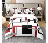 Homewish Housse de Couette Carrée en Coton 140x200, Rayures Blanches, Noires, Rouges et Grises, Ensemble de Literie À Carreaux Géométriques pour Hommes Femmes, Parures de Lit Modernes Créatives, Doux