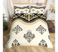 Homewish Housse de Couette Damas 1 Personne Parure de Lit 140x200 Fleur de Lys - Sets de Housses de Couettes Fleurs Classiques pour Enfant Adulte - Couvre Lit Luxe Élégance Vintage Noir Crème