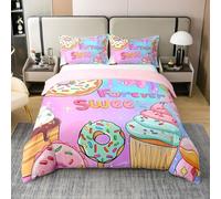 Homewish Housse de Couette Dessert Coton Parure de Lit 140x200 Doux Beignet Couvre Lit pour Les Garçons Filles Dessins Animés Crème Glacée Cupcake Literie Sets pour La Chambre Rose Bleu Violet Ombre
