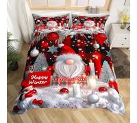 Homewish Housse de Couette Fille 140x200 Joyeux Noël, Parure de Lit Enfant GNOME de Noël Père Noël, Sets de Housses de Couettes Cloche de Noël, Couvre Lit À Carreaux Géométrique Rouge-Gris