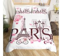 Homewish Housse de Couette Fille 140x200 Paris Chic - Parure de Lit Adulte 1 Personne Tour Eiffel France - Sets de Housses de Couettes Thème Romantique Couvre Lit Moderne Élégant Blanc Rose