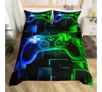 Homewish Housse de Couette Garcon Gaming, Parure de Lit 240 x 260 Enfant Gamer Néon, Sets de Housses de Couettes Grille Géométrique Carrée, Couvre Lit Manette de Jeux Vidéo Galaxie, Vert et Bleu