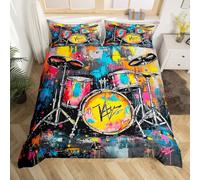 Homewish Housse de Couette Kit de Batterie de Rock,Parure de Lit 200x200 Enfant Instrument de Musique Graffiti,Sets de Housses de Couettes Thème de Musique Garçons Filles Amateurs de Musique Rock