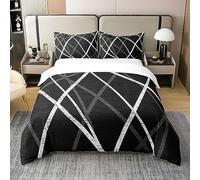 Homewish Housse de Couette Moderne Noire et Grise pour Jeunes Adultes, Parure de Lit 200x200 Géométrique en Coton, Ensemble de Literie Rayée Rétro du Milieu du Siècle, Couvre Lit Simples