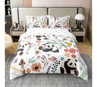 Homewish Housse de Couette Panda Coton pour Hommes Femmes,Housse de Couette Kawaii Confort Ours Noir Blanc 220x240,Ensemble de Literie Feuille de Fleur,Ensemble de Linge de Lit Végétal,Respirant