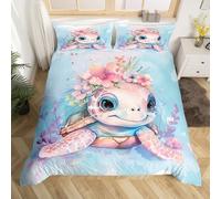 Homewish Housse de Couette Tortue de Mer 140x200 pour Enfant - Parure de Lit Thème Océanique sous-Marin - Set de Housses Aquarelle pour Fille Garçon - Couvre Lit Marine