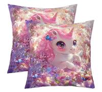 Homewish Housse de Coussin Licorne Rose Housse Coussin Mignonne Licorne Taie d'oreiller Fleur de Jardin de Fée de Rêve Taie Oreiller 60x60 Lot de 2 Enfants Filles Papillon Botanique Décor de Couch