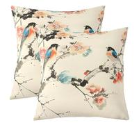 Homewish Housse de Coussin Sparrow Housse Coussin 60x60 Lot de 2 Japonais Taie d'oreiller Enfants Hommes Femmes Aquarelle Oiseau Branches Encre Style Blanc Beige Taie Oreiller Doux Confortable