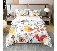 Homewish Kawaii Colorful Birdies Coton Biologique Housse de Couette pour Les Filles,Cartoon Animaux Housse de Confort,Ensemble de Literie Groovy Fleurs Leaf,Ensemble de Draps Végétal 200x200