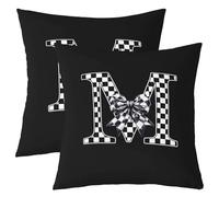 Homewish Lot de 2 Decorative Housse de 60x60 Nœud Tartan Noir Blancknot | Taie Oreiller Lettre Initiauxe Personnalisée M Housse d'oreiller Esthétique Vintage Damier Géométrique -