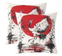 Homewish Lot de 2 Decorative Housse de Coussin 40x40 Grue Japonaise | Taie d'oreiller Japonais Ukiyo-E Thème Housse d'oreiller Rouge Soleil Encre Peinture -
