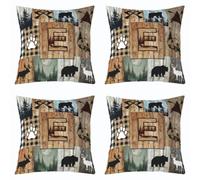 Homewish Lot de 2 Decorative Housse de Coussin 40x40 Lettre Initiauxe E | Taie d'oreiller Cabane Rouilleique Patchwork Plaid Housse d'oreiller Cerf Ours Élan Chasse Faune -