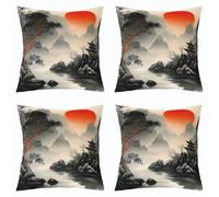 Homewish Lot de 2 Decorative Housse de Coussin 40x40 Style Japonais | Taie d'oreiller Rouge Noir Oriental Encre Peinture Housse d'oreiller Rétro Oriental Paysage -