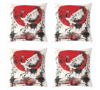 Homewish Lot de 2 Decorative Housse de Coussin 45x45 Grue Japonaise | Taie Oreiller Japonais Ukiyo-E Thème Housse d'oreiller Rouge Soleil Encre Peinture -