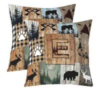 Homewish Lot de 2 Decorative Housse de Coussin 50x50 Lettre Initiauxe E | Housse d'oreiller Cabane Rouilleique Patchwork Plaid Taie Oreiller Cerf Ours Élan Chasse Faune -