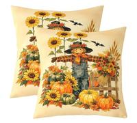 Homewish Lot de 2 Decorative Housse de Coussin 55x55 Épouvantail Automne | Taie d'oreiller Récolte Potiron Housse d'oreiller Halloween Dessin Animé Chauve-Souris -
