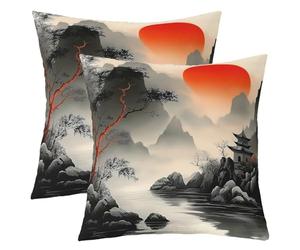 Homewish Lot de 2 Decorative Housse de Coussin 55x55 Style Japonais | Taie d'oreiller Rouge Noir Oriental Encre Peinture Housse d'oreiller Rétro Oriental Paysage -