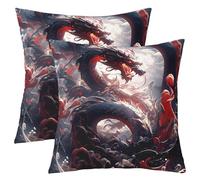 Homewish Lot de 2 Dragon Hold Oreiller 60x60,Dream Dragon Magic Cloud Sky Taie d'oreiller,Oriental Mystérieux Animal Taille Coussin Couverture,Noir Rouge Blanc Décoratif Taie d'oreiller
