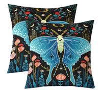 Homewish Lot de 2 Housse Coussin Canape 45x45 Bleu Papillon de Nuit Fleuri | Décoratif Taie d'oreiller Lune Boho Ciel étoilé Housse d'oreiller Papillon de Nuit Gothique Faune Sauvage -