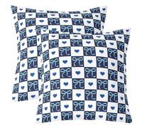 Homewish Lot de 2 Housse Coussin Canape 50x50 Damier Bleu Marine | Décoratif Taie Oreiller Coquette Grille Damier Housse d'oreiller Féminin Cœur Nœud -