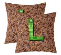 Homewish Lot de 2 Housse Coussin Canape 55x55 Brun Vert Pixel Plaid | Décoratif Housse d'oreiller Mineurs Gaming Grille Lettre L Taie Oreiller Mineurs Treillis Simple -
