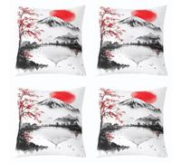 Homewish Lot de 2 Housse de Coussin 45x45 Gris Blanc Japonais | Housse d'oreiller Canapé Salon Rouge Fleur de Cerisier Coucher De Soleil Taie Oreiller Encre Peinture -