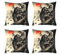 Homewish Lot de 2 Housse de Coussin 45x45 Japonais Ukiyoe Thème | Housse d'oreiller Canapé Salon Japonais Paysage Naturel Taie Oreiller Vintage Noir Rouge Encre Peinture -