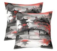 Homewish Lot de 2 Housse de Coussin 45x45 Style Japonais | Housse d'oreiller Canapé Salon Rouge Fleurs de Cerisier Taie Oreiller Gris Encre Peinture -