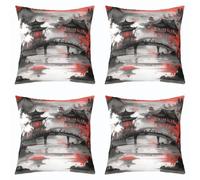 Homewish Lot de 2 Housse de Coussin 45x45 Style Japonais | Housse d'oreiller Canapé Salon Rouge Fleurs de Cerisier Taie Oreiller Gris Encre Peinture -