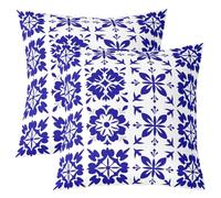 Homewish Lot de 2 Housse de Coussin 50x50 Rétro Bleu Fleurieux | Taie d'oreiller Canapé Salon Mexicain Talavera Voiturereaux Housse d'oreiller Bleu Damier Géométrique -