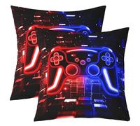 Homewish Lot de 2 Housse de Coussin 55x55 Gamer, Taie d'oreiller Gaming, Housse d'oreiller Console de Jeux Vidéo Neon Lights, Taie Oreiller Rouge Bleu Brick Cube,Gaming