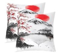 Homewish Lot de 2 Housse de Coussin 55x55 Gris Blanc Japonais | Taie Oreiller Canapé Salon Rouge Fleur de Cerisier Coucher De Soleil Housse d'oreiller Encre Peinture -