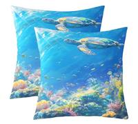Homewish Lot de 2 Housse de Coussin 55x55 Tortue de Mer Taie d'oreiller Poisson Bleu Océan pour Enfant Garcon Fille, Taie Oreiller Tortue Sauvage, Housse Coussin Animaux Marine pour Canapé Maison