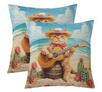 Homewish Lot de 2 Housse de Coussin 60x60 Chat Mignon,Taie d'oreiller Plage de L'Océan D'Été,Housse d'oreiller Musique de Guitare,Taie Oreiller Enfants Adultes Cactus Animaux Animaux