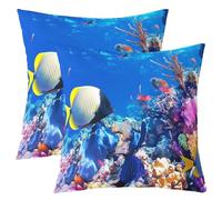 Homewish Lot de 2 Housse de Coussin 60x60 cm Enfant Bleu - Taie Oreiller Poissons Marins pour Ado - Housse d'oreiller Monde sous-Marin - Housse Coussin Récif Corallien pour Canapé Maison