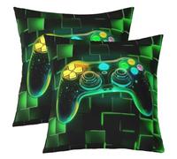 Homewish Lot de 2 Housses de Coussin 45x45 cm Motif Gaming Vert | Taie d'oreiller Ado Garçon Gamer Chambre Gaming, Jeux Vidéo, Grille Géométrique Décorative
