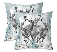 Homewish Lot de 2 Plum Deer Housse de Coussin 40x40,Animaux de Chasse Enfants Garçons Filles Taies d'oreiller,Rustique Cyan Coussin Housse Daisy Fleur Décoration Taie d'oreiller,Vintage Jungle Decor