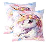 Homewish Lot de 2 Princesse Licorne Rose Housse de Coussin 60x60,Arc en Ciel Dessin Animé Mignon Housse d'oreiller,Thème de Fée Prtails Fantaisie Taie d'oreiller,Amour Scintillant Coussin Décoratifs