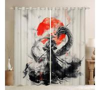 Homewish Lot de 2 Rideau Occultant 140x175cm Japonais Samuraï | Rideaux Voilage Fenetre Noir Dragon Guerrier Decoration Chambre Maison Rouge Soleil Style Japonais -